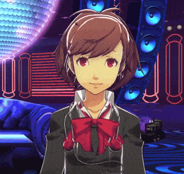 a girl with red eyes is wearing headphones and a bow