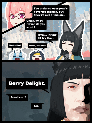 a cartoon shows a girl talking to a man and says berry delight small cup yes