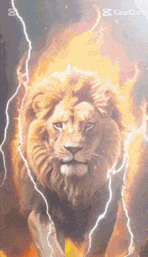 a lion is surrounded by flames and lightning with a caption that says capcut