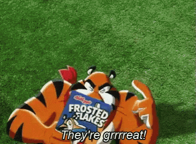 a cartoon character is holding a box of frosted flakes