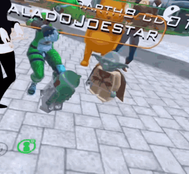 a group of people are standing on a brick sidewalk with a sign that says aladojoestar