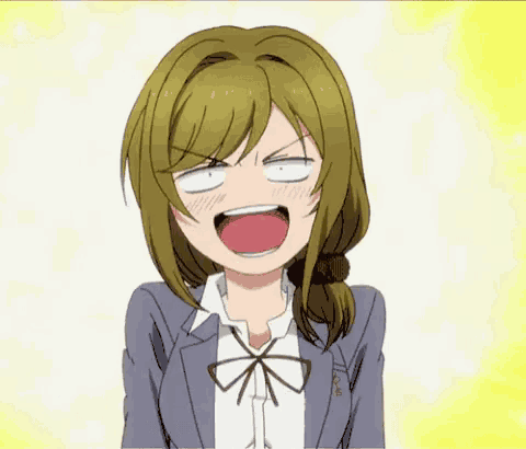 a woman in a suit and bow tie is making a funny face .