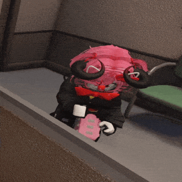 a cartoon character with horns and pink hair is holding a pink suitcase