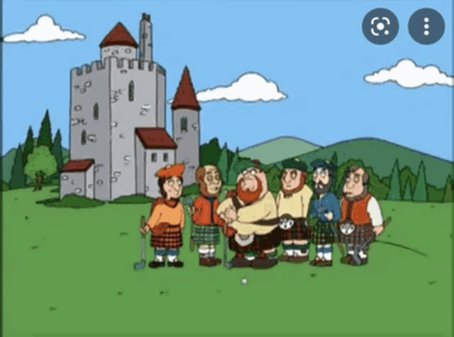 a cartoon of a group of men standing in front of a castle