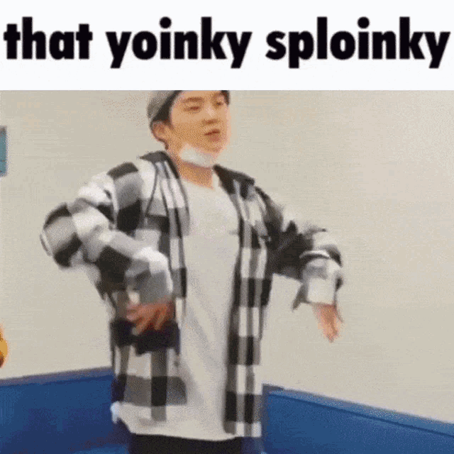 a man in a plaid shirt is standing in front of a blue couch with the words that yoinky sploinky above him
