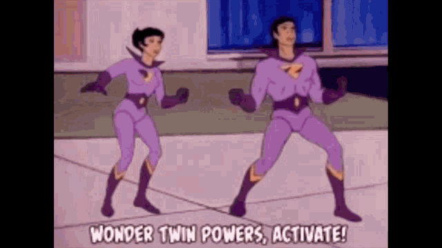 a cartoon of a man and a woman in purple superhero costumes saying wonder twin powers activate .