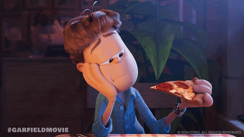 a cartoon character is eating a slice of pizza with the hashtag garfieldmovie