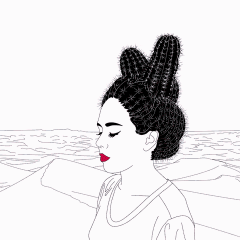 a drawing of a woman wearing a cactus in her hair