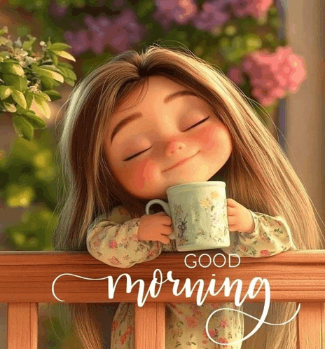 a little girl is holding a cup of coffee with the words good morning written on the bottom