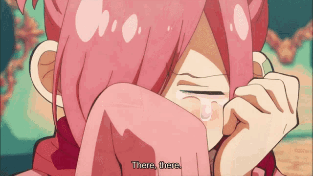 a girl with pink hair is crying with the words " there there " above her