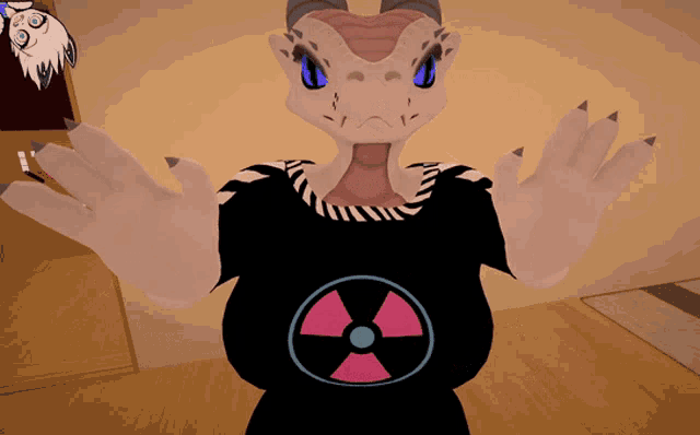 a computer generated image of a dragon wearing a shirt with a nuclear symbol on it
