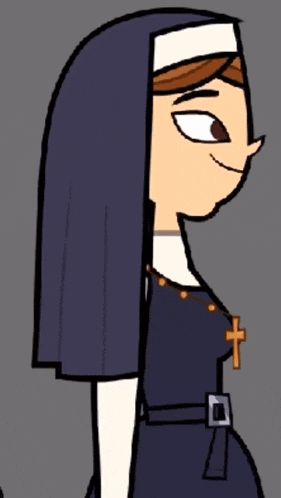 a cartoon nun with a cross around her neck