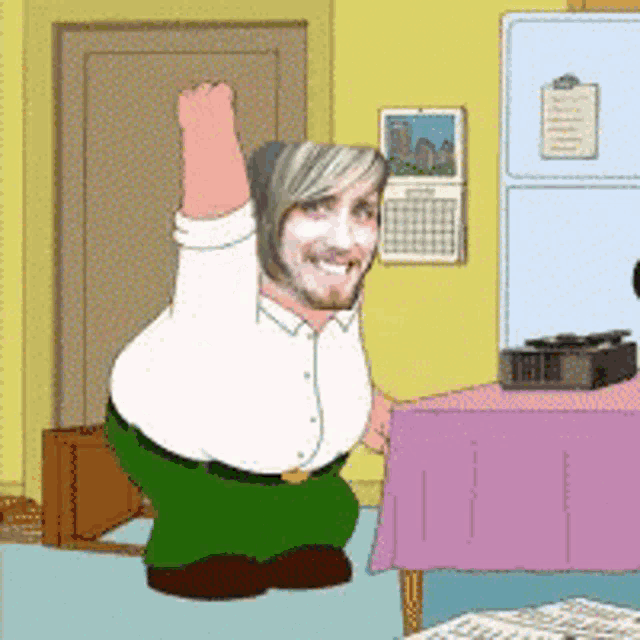 a cartoon of peter griffin with his fist up in the air
