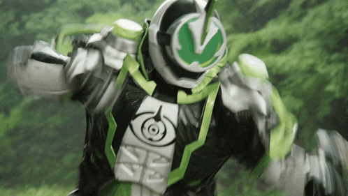a person in a green and white costume with the letter v on the chest