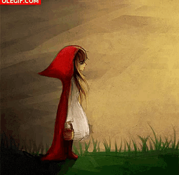 a little red riding hood is standing in the grass with a basket