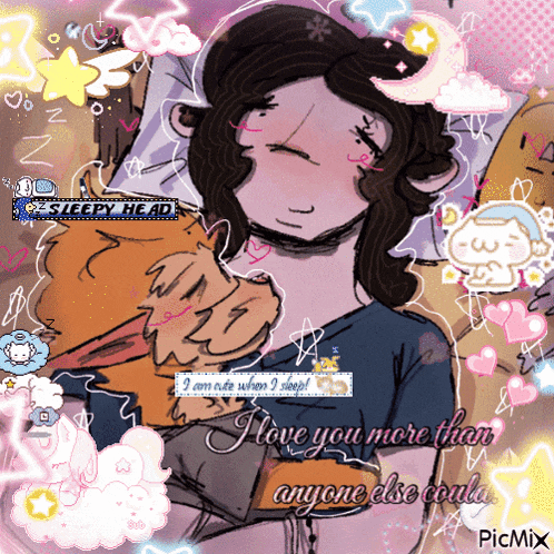 a drawing of a girl sleeping with a cat with the words i love you more than anyone else could