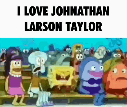 a group of cartoon characters are sitting on a bench with the words i love johnathan larson taylor on the bottom