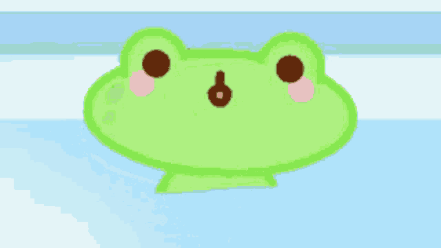 a green frog is floating on top of a blue surface .