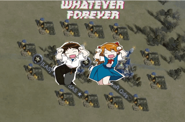 two ghosts are standing in front of a sign that says " whatever forever "
