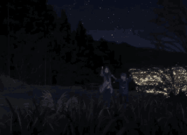 a couple standing in a field at night with a starry sky in the background