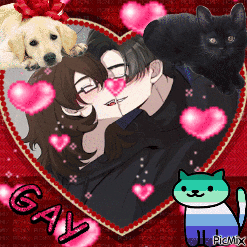 a couple kissing in a heart surrounded by hearts and a cat and a dog