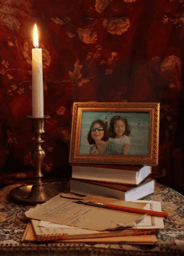 a framed picture of two girls sitting on top of a stack of books next to a candle