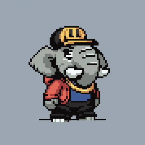 a pixel art drawing of an elephant wearing a hat and chain