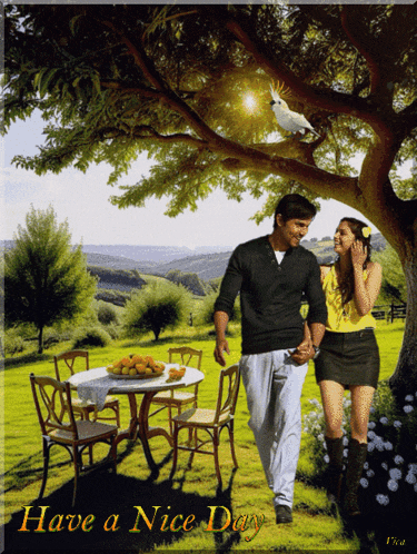 a man and a woman are walking under a tree with the words have a nice day below them
