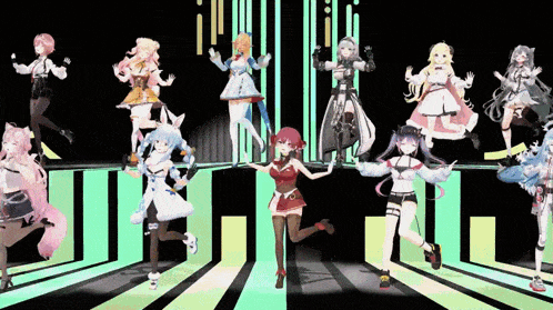 a bunch of anime girls are dancing on a stage