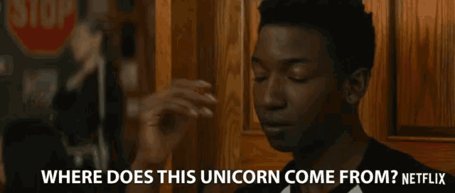 a man in a black shirt asks where does this unicorn come from