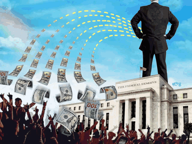 a man stands on top of a building that says federal reserve