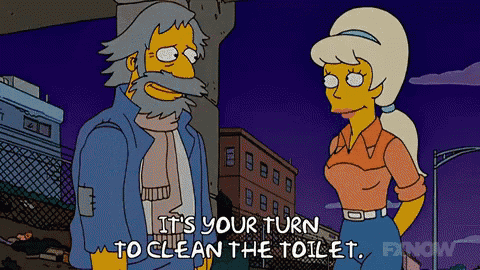 a cartoon of a man and a woman with the words " it 's your turn to clean the toilet " on the bottom