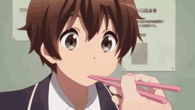 a cartoon character is eating with chopsticks and looking at the camera