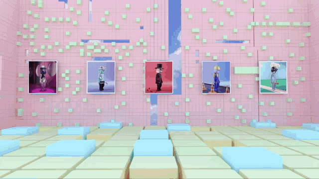 a room with a pink wall and a display of cartoon characters