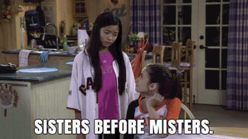 two girls standing in a kitchen with the words sisters before misters on the bottom