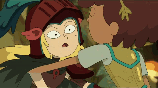 a cartoon character is wearing a helmet and a feathered cape