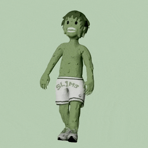 a green cartoon character wearing white shorts that say slim3
