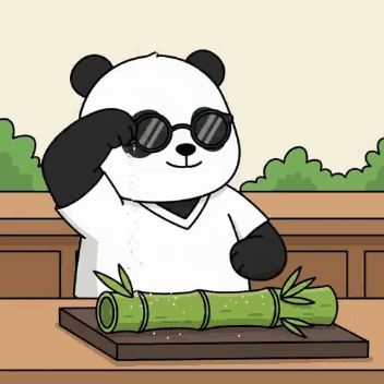 a panda bear wearing sunglasses is sitting at a table with a piece of bamboo .