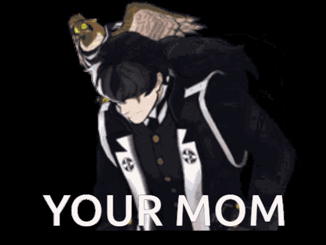 a man in a tuxedo holding a sword with the words " your mom " written below him