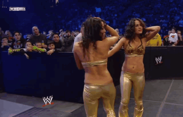 two women are standing in front of a crowd and a wwe logo