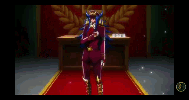 a cartoon character with blue hair is wearing a red hat and a gold crown .