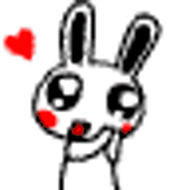 a black and white drawing of a rabbit with a red heart in its mouth .