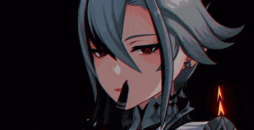 a girl with gray hair and red eyes is holding a gun in her hand .