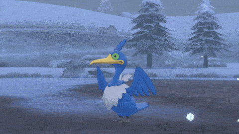 a blue bird with a yellow beak is standing in the snow