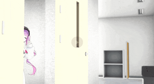 a girl with purple hair is standing in front of a white door