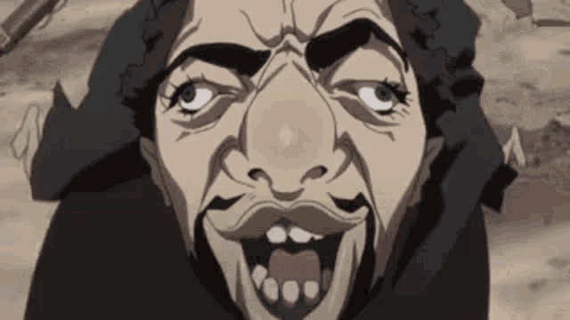 a cartoon character is making a funny face with his mouth open .