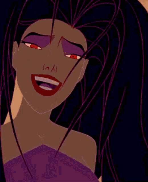 a close up of a cartoon character 's face with red eyes