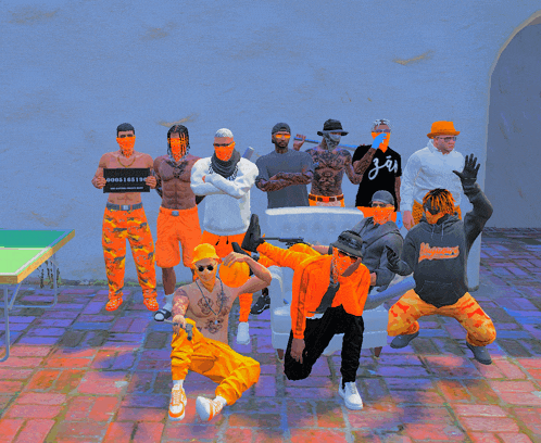a group of men are posing for a picture with one wearing a hoodie that says ' gzr ' on it