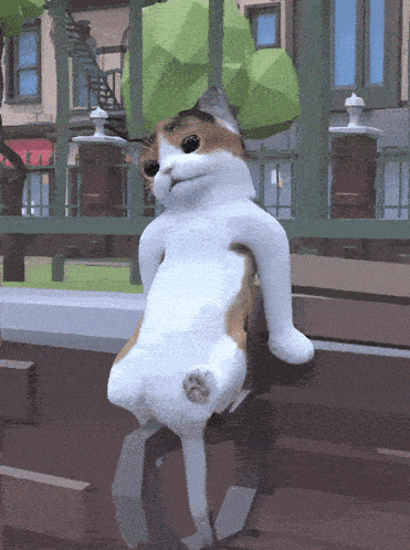 a calico cat is sitting on a bench with its legs crossed and a green leaf on its head