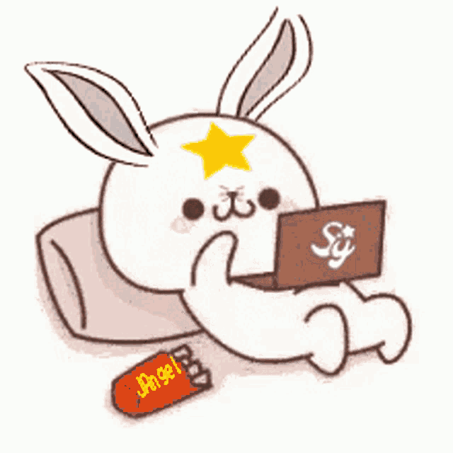 a cartoon rabbit with a star on its head is holding a laptop
